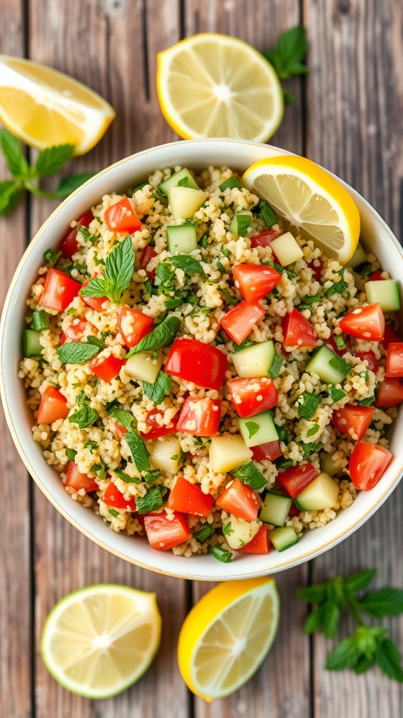 A colorful bowl of quinoa tabbouleh salad with parsley, mint, tomatoes, and cucumbers on a rustic wooden table.